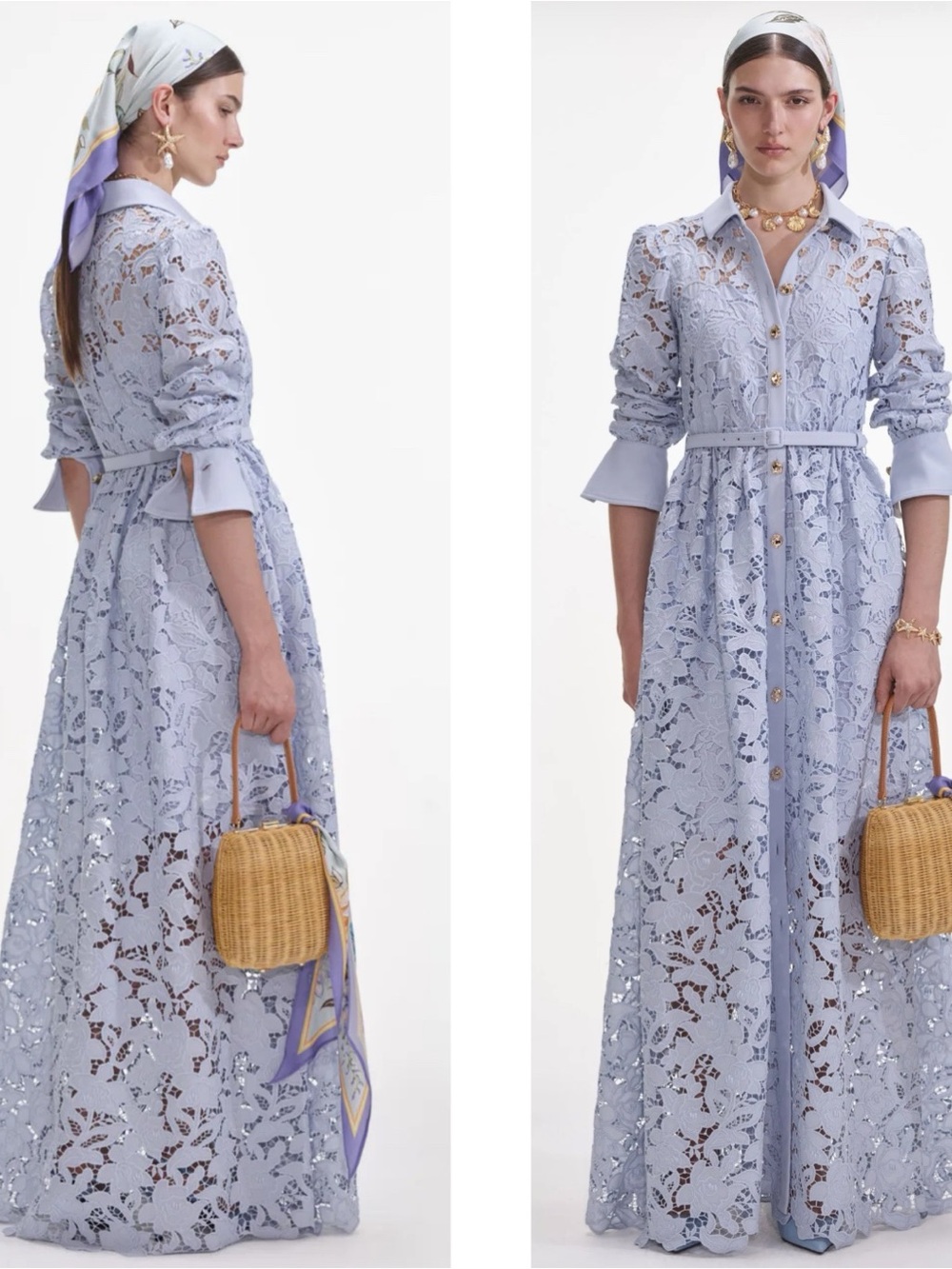 SELF-PORTRAIT Blue Lace Collared Floral Long Sleeve Button Down Maxi Dress Sz 10 - Picture 1 of 14